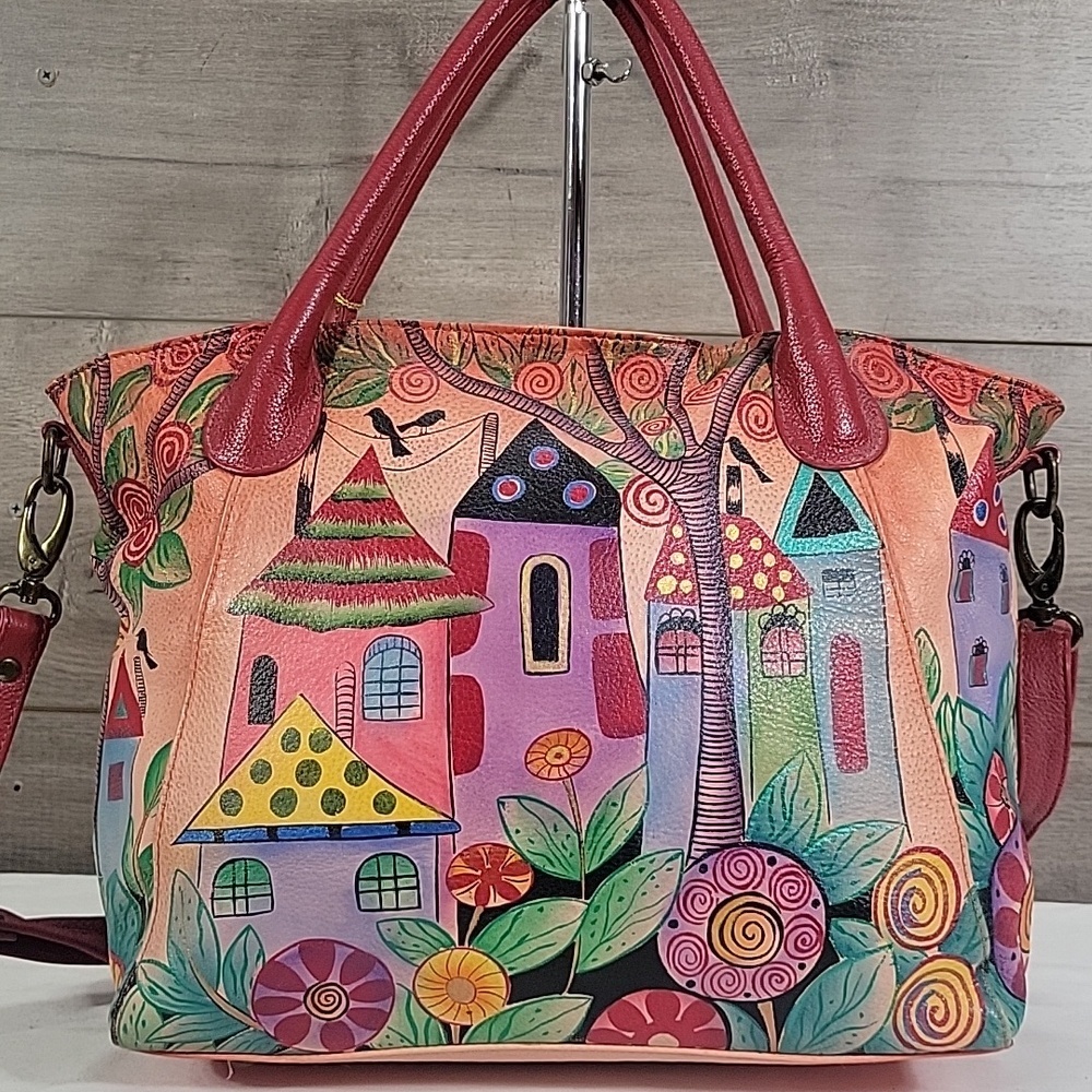 Anuschka Colorful Hand-Painted Village Tote Crossbody Bag - Red Handles New - Picture 2 of 16